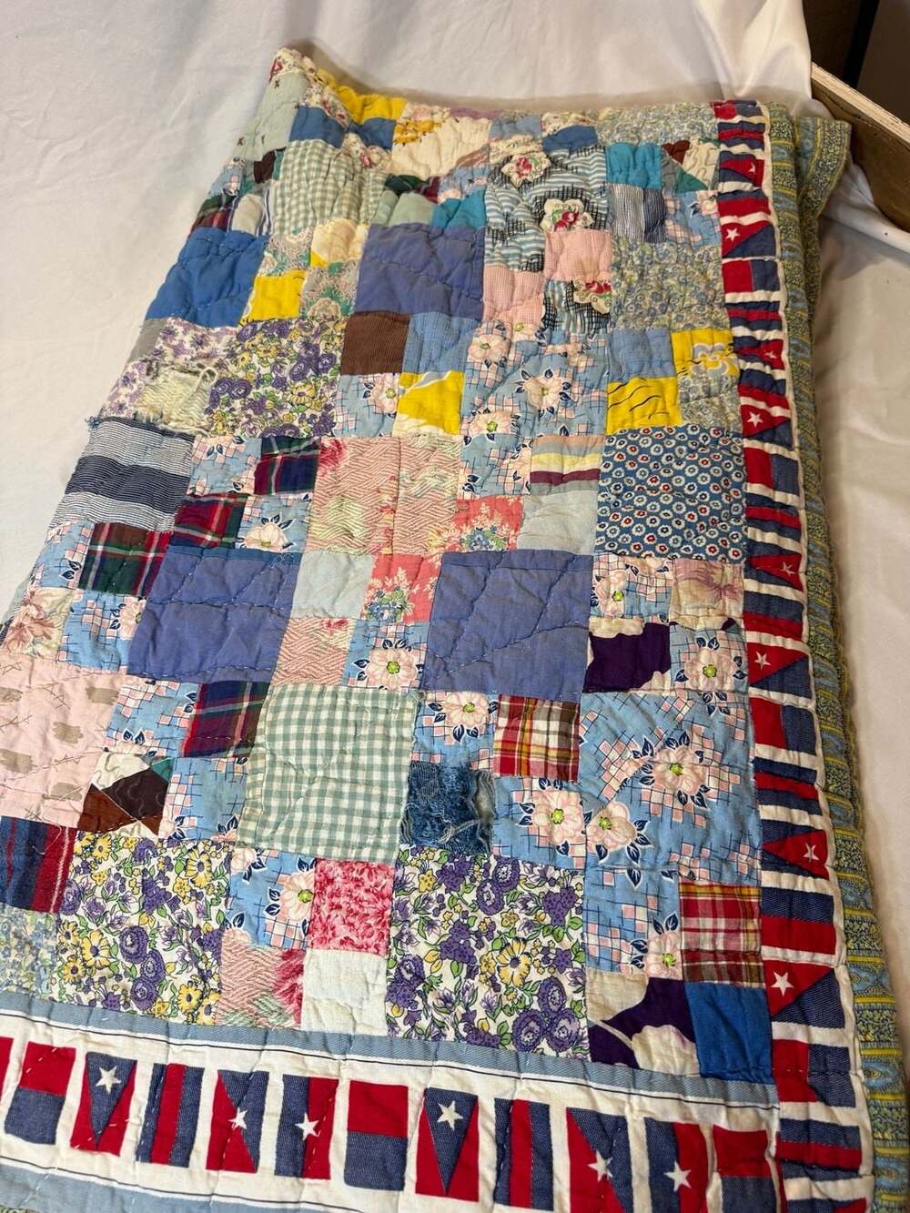 Vintage Handmade Patchwork Quilt with American Flag Border and Floral Prints